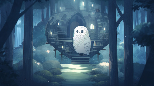 梦幻森林中木屋旁一个卡通猫头鹰背景图片
