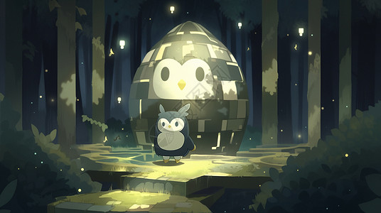 夜晚森林中一个可爱的卡通猫头鹰背景图片