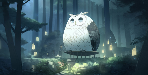 夜晚森林中白色萌萌的卡通猫头鹰背景图片