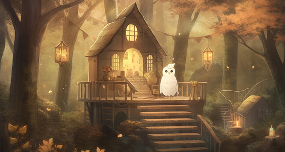 黄昏站在森林中木屋前白色可爱的卡通猫头鹰背景图片