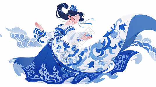 风蓝边穿着青花瓷风长裙开心跳舞的卡通女人插画