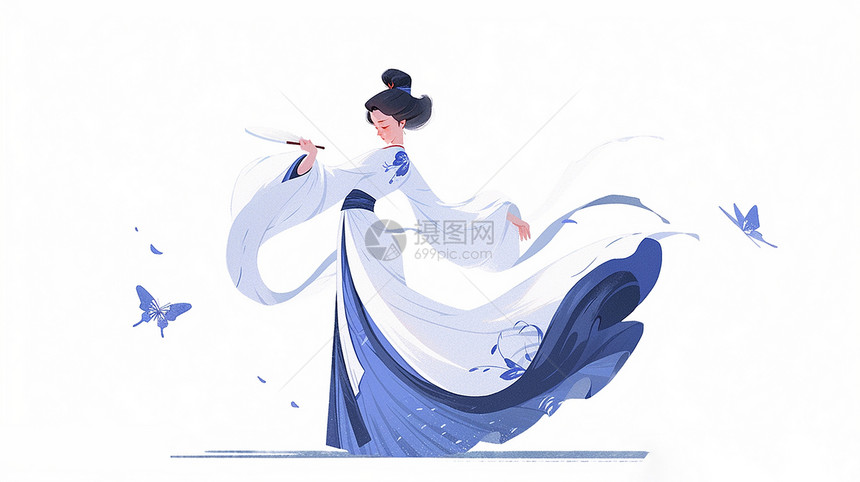 穿蓝白色长裙开心跳舞的古风装扮卡通女人图片