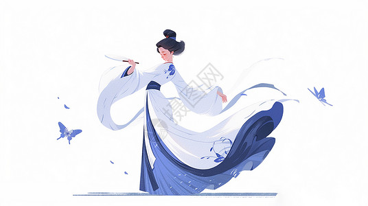跳舞卡通人物穿蓝白色长裙开心跳舞的古风装扮卡通女人插画