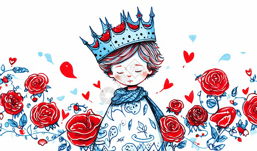 玫瑰花蓝戴着蓝色皇冠的可爱卡通小王子插画