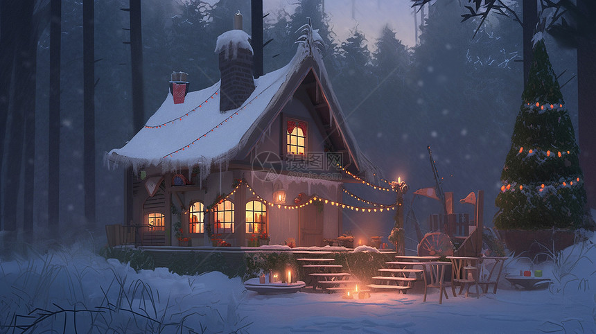 夜晚森林中节日氛围十足的卡通圣诞屋图片