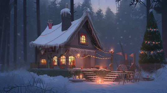 夜晚森林中节日氛围十足的卡通圣诞屋背景图片