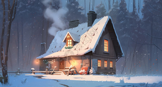 夜晚圣诞树冬天雪后森林中烟囱冒着烟的卡通小木屋插画