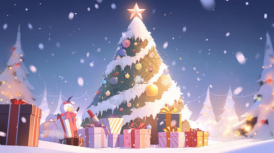 有黄色发光星星的华丽卡通圣诞树高清图片