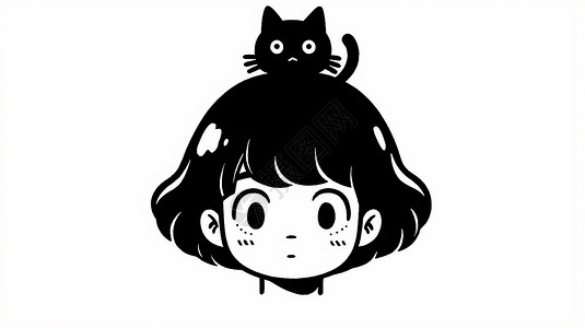 短发小女孩头像大眼睛短发可爱的卡通小女孩头上一只小黑猫插画