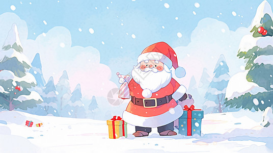 圣诞节站在雪地中可爱的卡通圣诞老人背景图片