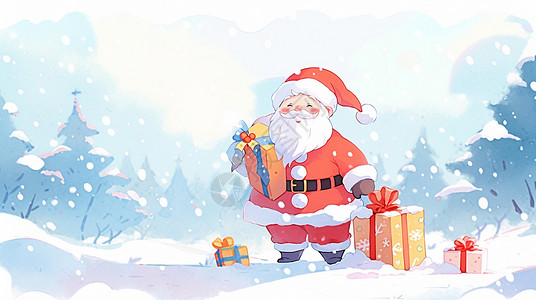 圣诞节水彩抱着礼物盒开心笑的卡通圣诞老人插画