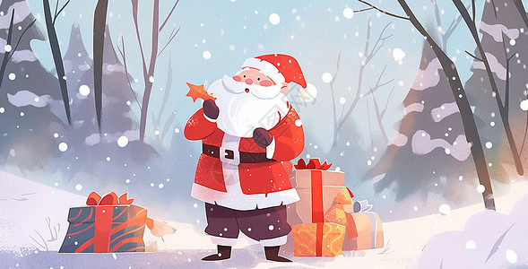 大雪中在森林里的卡通圣诞老人背景图片
