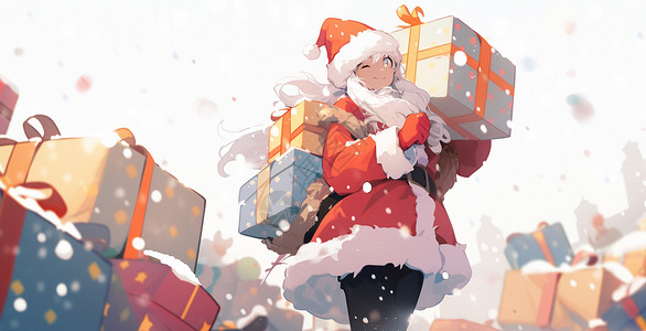 卡通女孩穿着圣诞服装扛着大大的圣诞礼物走在雪地中背景图片