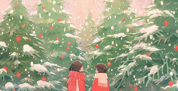 西方新年卡通男孩女孩背影在森林中欣赏圣诞树插画