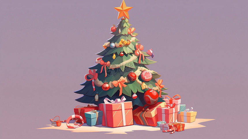 堆满礼物盒的卡通圣诞树图片