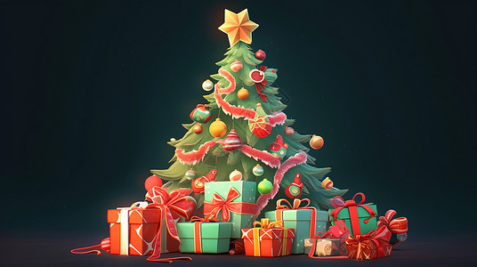 华丽的卡通圣诞树下堆着很多礼物盒背景图片