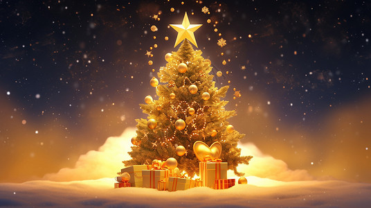 圣诞节金色雪地中顶着金色星星漂亮梦幻的卡通圣诞树插画