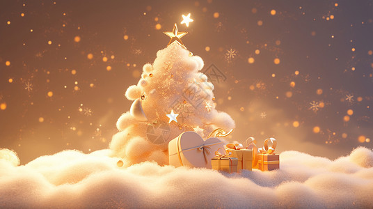 圣诞节金色背景梦幻华丽金色云朵卡通圣诞树插画