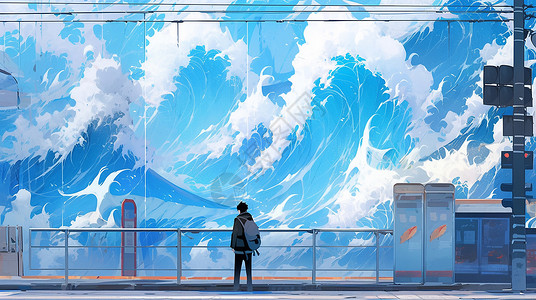 摆着书包的卡通男孩背影在观察着高高的海浪背景图片