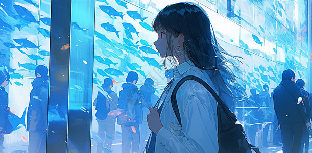 背着书包的长发卡通女孩在海洋馆欣赏鱼群背景图片