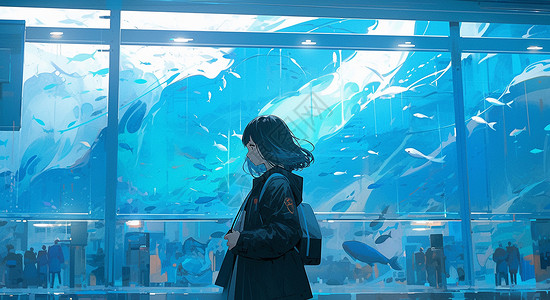 背着女孩男孩背着书包的卡通学生路过海洋馆蓝色大窗插画