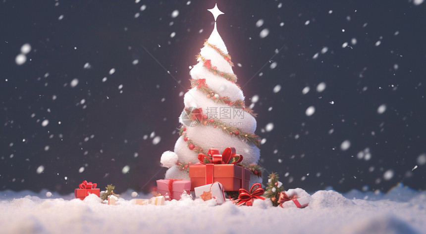 雪中白色漂亮的卡通圣诞树下放着很多礼物图片