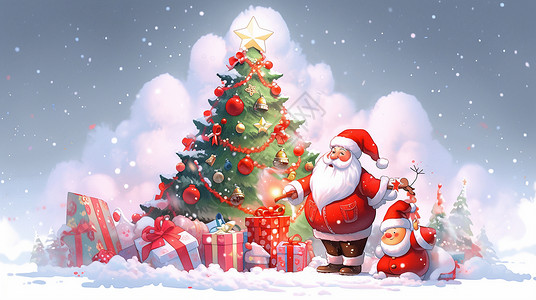 西方背景圣诞节华丽的卡通圣诞树旁站着一个圣诞老人插画