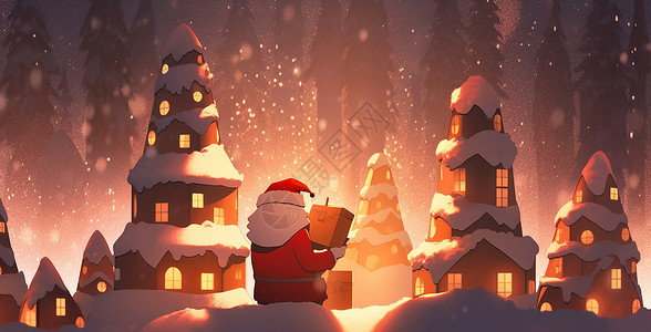 老人背影卡通雪中站在几座小房子外的一个卡通圣诞老人背影插画