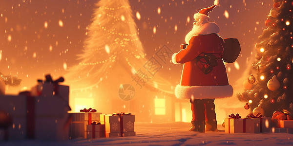 圣诞夜华丽的卡通圣诞树与穿着喜庆的卡通圣诞老人背景图片