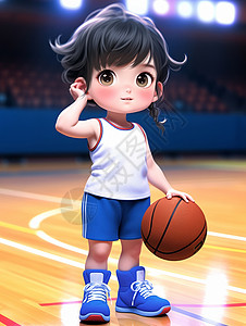 篮球3d素材穿着白色篮球运动衣在篮球场打篮球的卡通小女孩插画