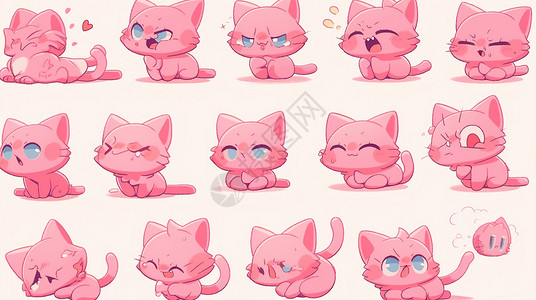 粉色漂亮的可爱卡通小粉猫各种表情背景图片