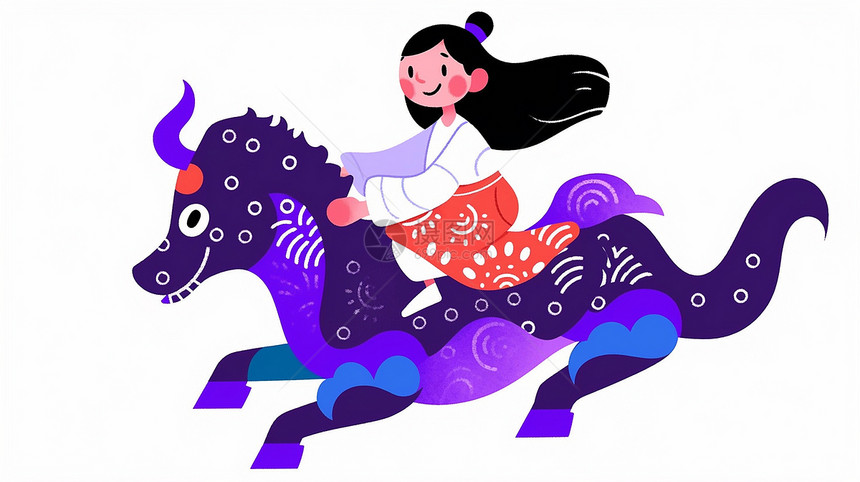 骑着紫色瑞兽的古风装扮卡通小女孩图片