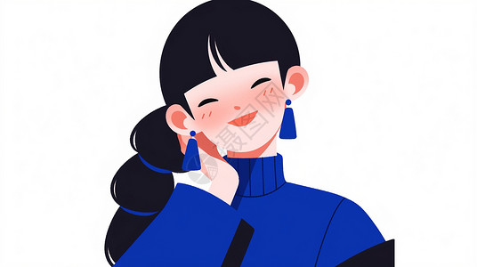 穿着蓝色毛衣黑色长发微笑的可爱卡通小女孩背景图片