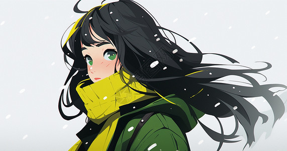 冬天穿着黑色长发穿着浅绿色毛衣在雪中的长发卡通女孩插画