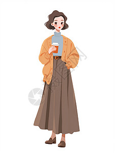端着咖啡穿黄色针织外套时尚优雅的扁平风卡通女孩背景图片