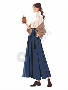 喝着咖啡端着咖啡穿蓝色长款半身裙的优雅卡通女孩插画