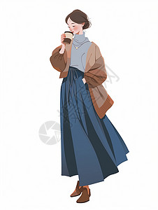 一边走路一边喝咖啡的扁平风时尚卡通女孩背景图片