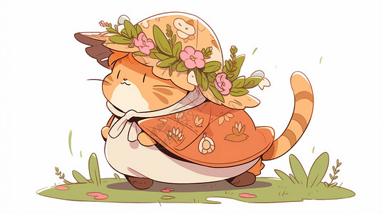 戴着花朵草帽奔跑的肥胖卡通猫背景图片