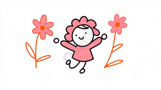 粉色小红花穿粉色衣服开心跳舞的卡通女孩与小花插画