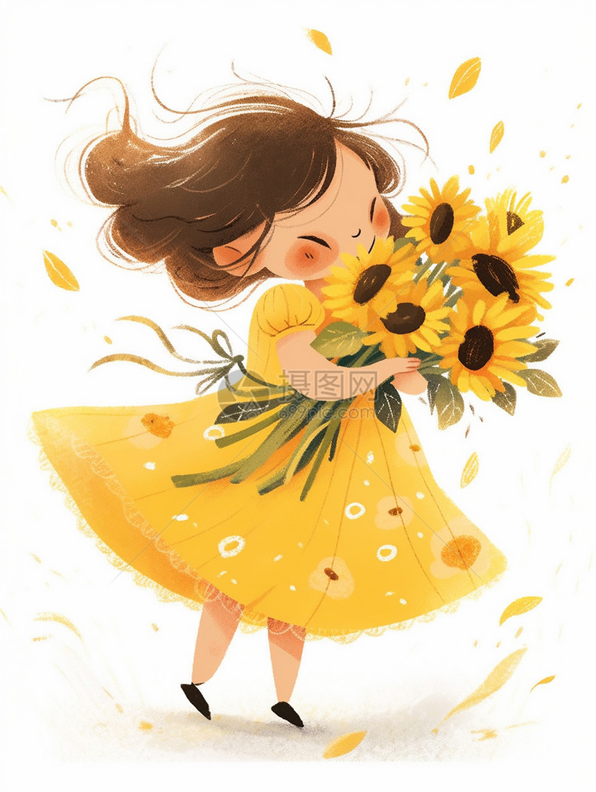 抱着向日葵穿黄色裙子可爱的卡通小女孩图片