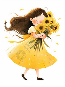 抱着花的女孩线稿穿黄色裙子抱着向日葵花小清新卡通小女孩插画