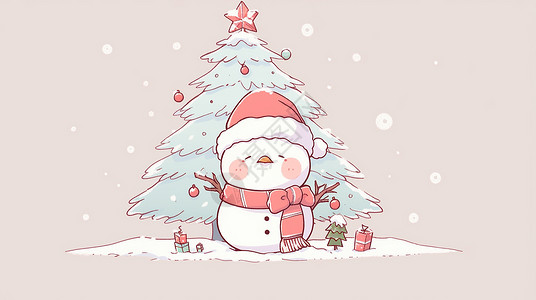 高大的卡通圣诞树前一个小小的卡通小雪人背景图片