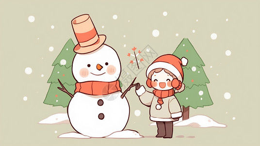 站在雪人旁开心笑的可爱卡通小女孩背景图片