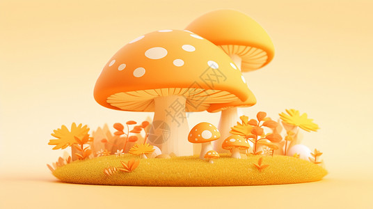 草地上黄色大大的立体卡通蘑菇背景图片