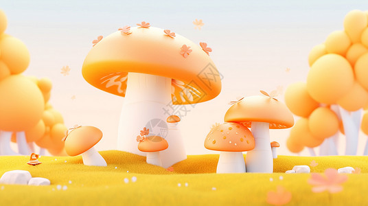 黄色漂亮的立体卡通蘑菇与草地背景图片