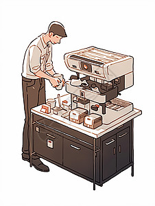 短发简约卡通咖啡师在咖啡机前接咖啡背景图片