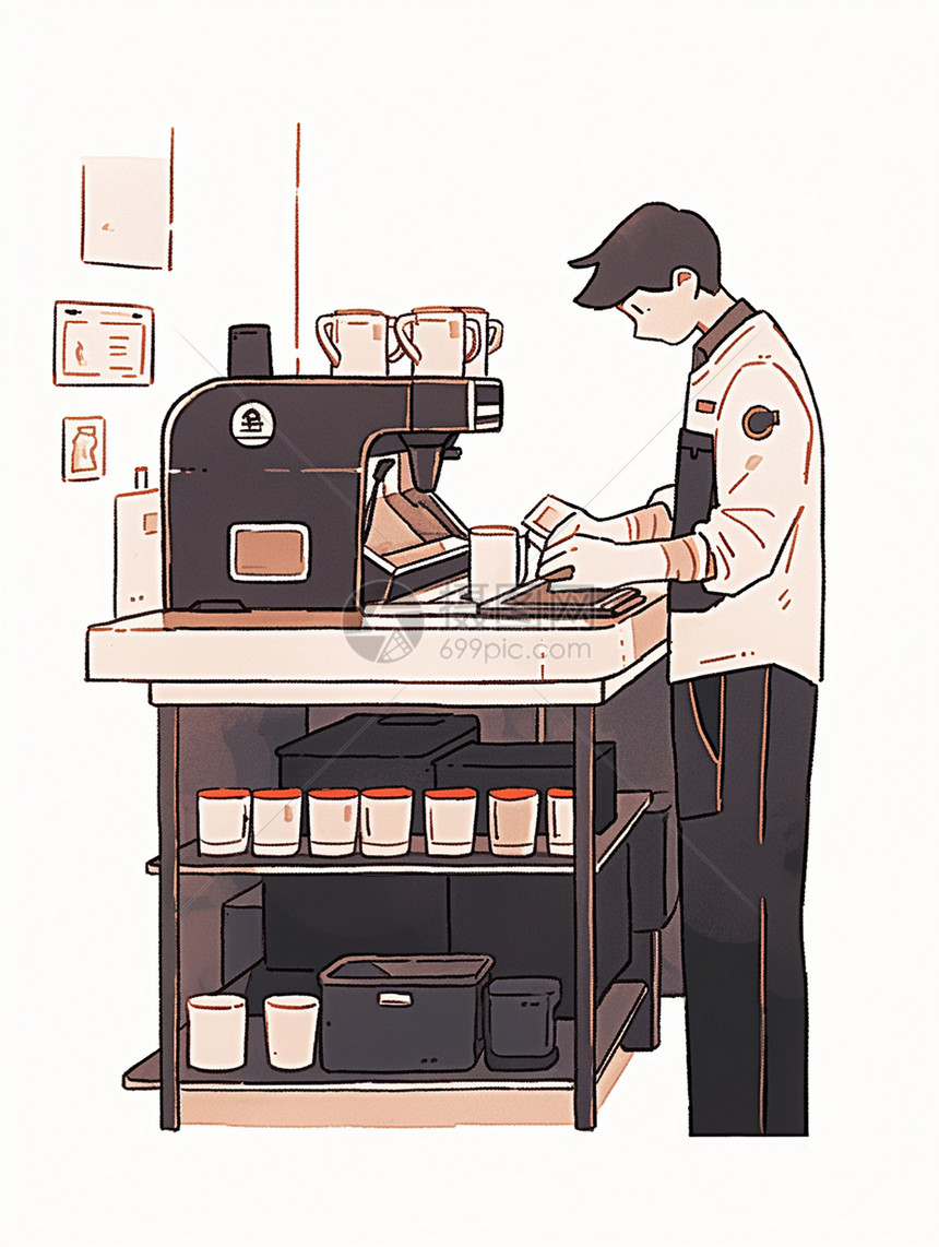 站在咖啡机旁忙碌的卡通咖啡师图片