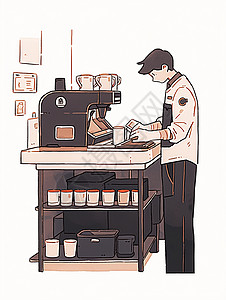 站在咖啡机旁忙碌的卡通咖啡师背景图片