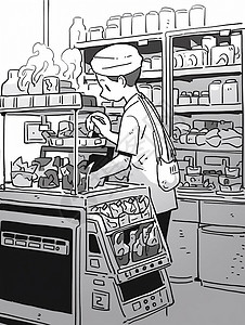 在厨房忙碌的卡通服务员粗线条插画背景图片