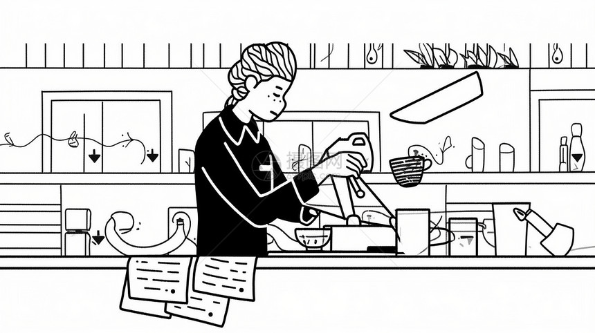 粗线条在咖啡店忙碌的女卡通咖啡师图片